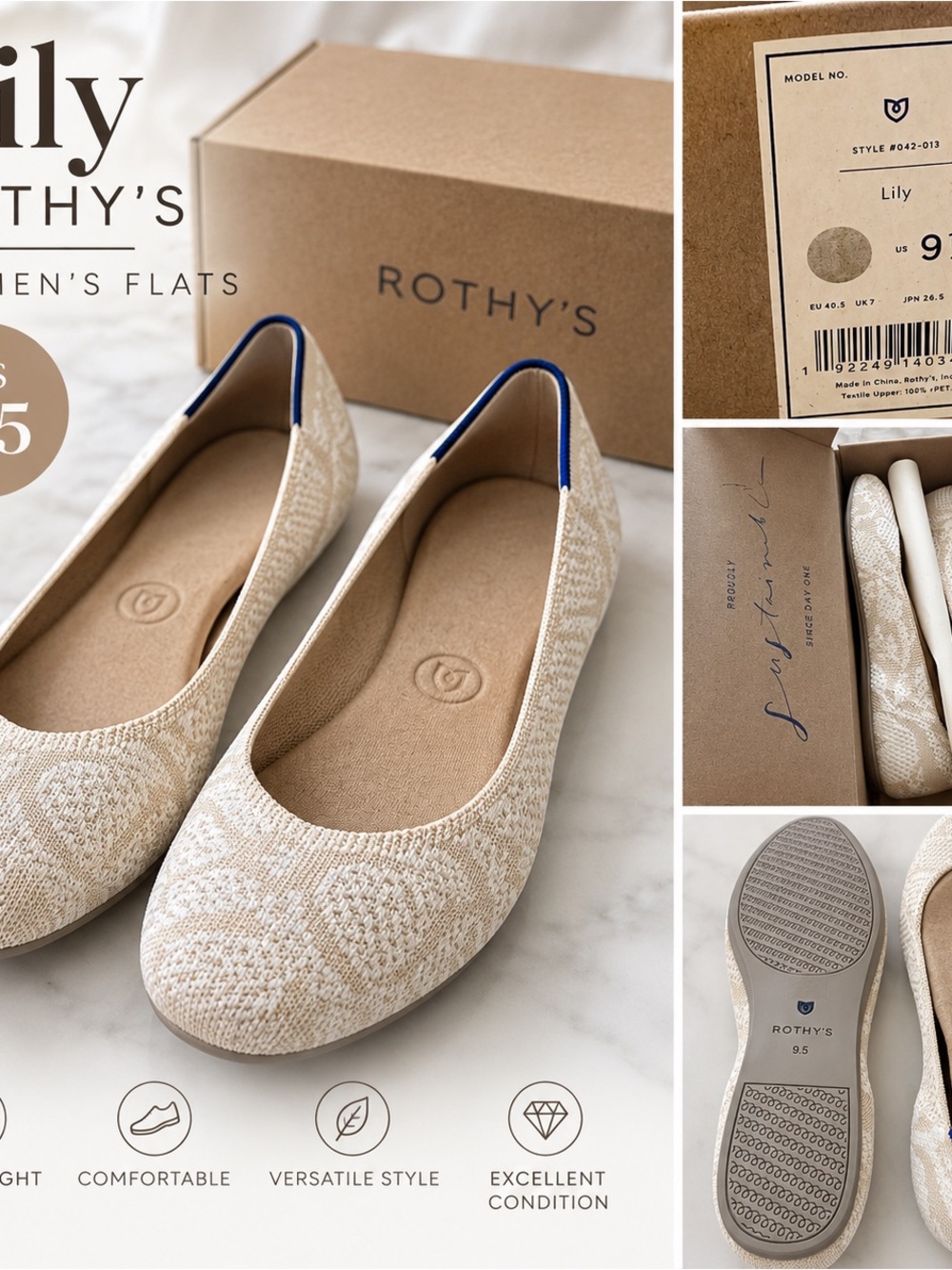 Lily Women’s Beige/Cream Knit Flats Shoes Size 9.5